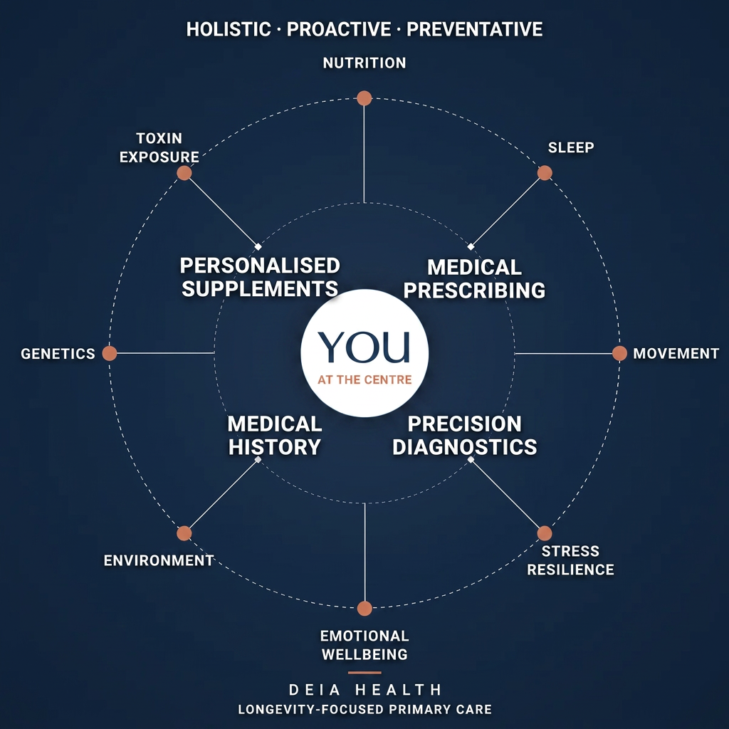 Deia Health's integrated approach — eight lifestyle domains around precision diagnostics, medical history, medical prescribing and personalised supplements, with you at the centre