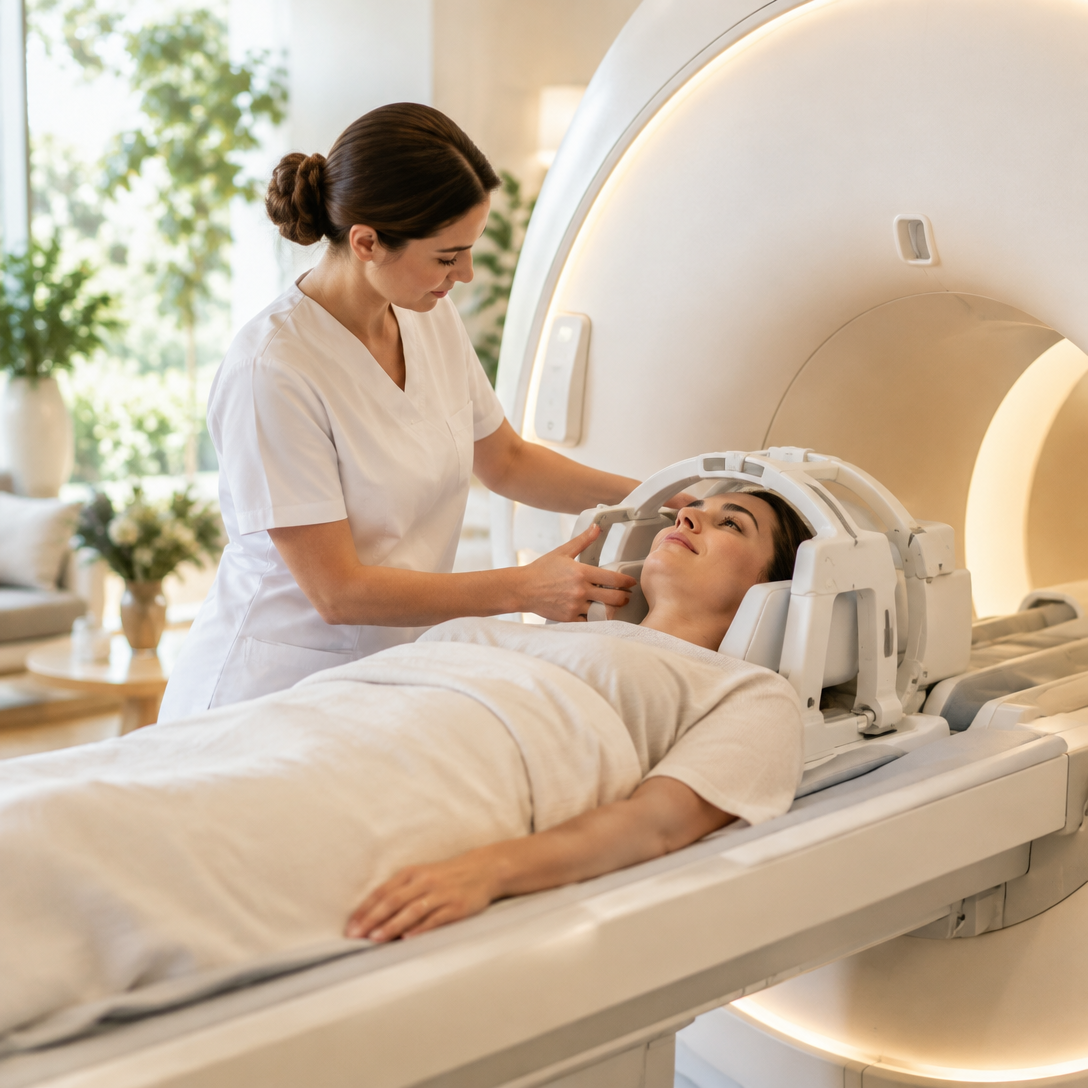 Patient being prepared for a whole body MRI scan in a calm, light-filled suite